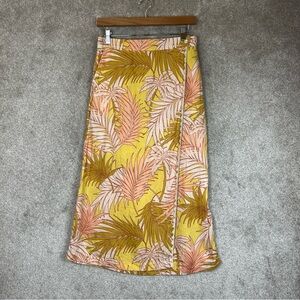 Tahari Skirt Womens Medium Yellow Floral Linen Midi Side Button Wrap Style-4036